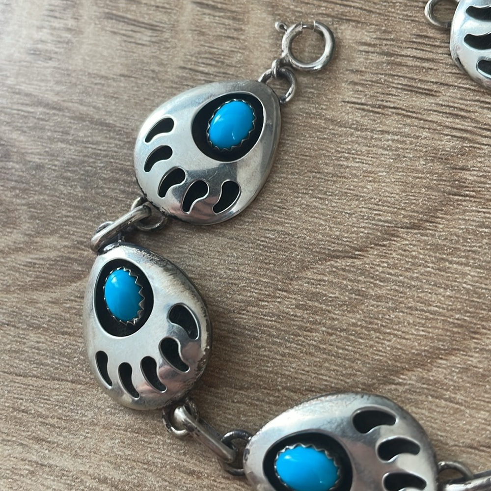 Vintage Turquoise Sterling Silver Native American Southwest Bear Paw Bracelet - Picture 2 of 4